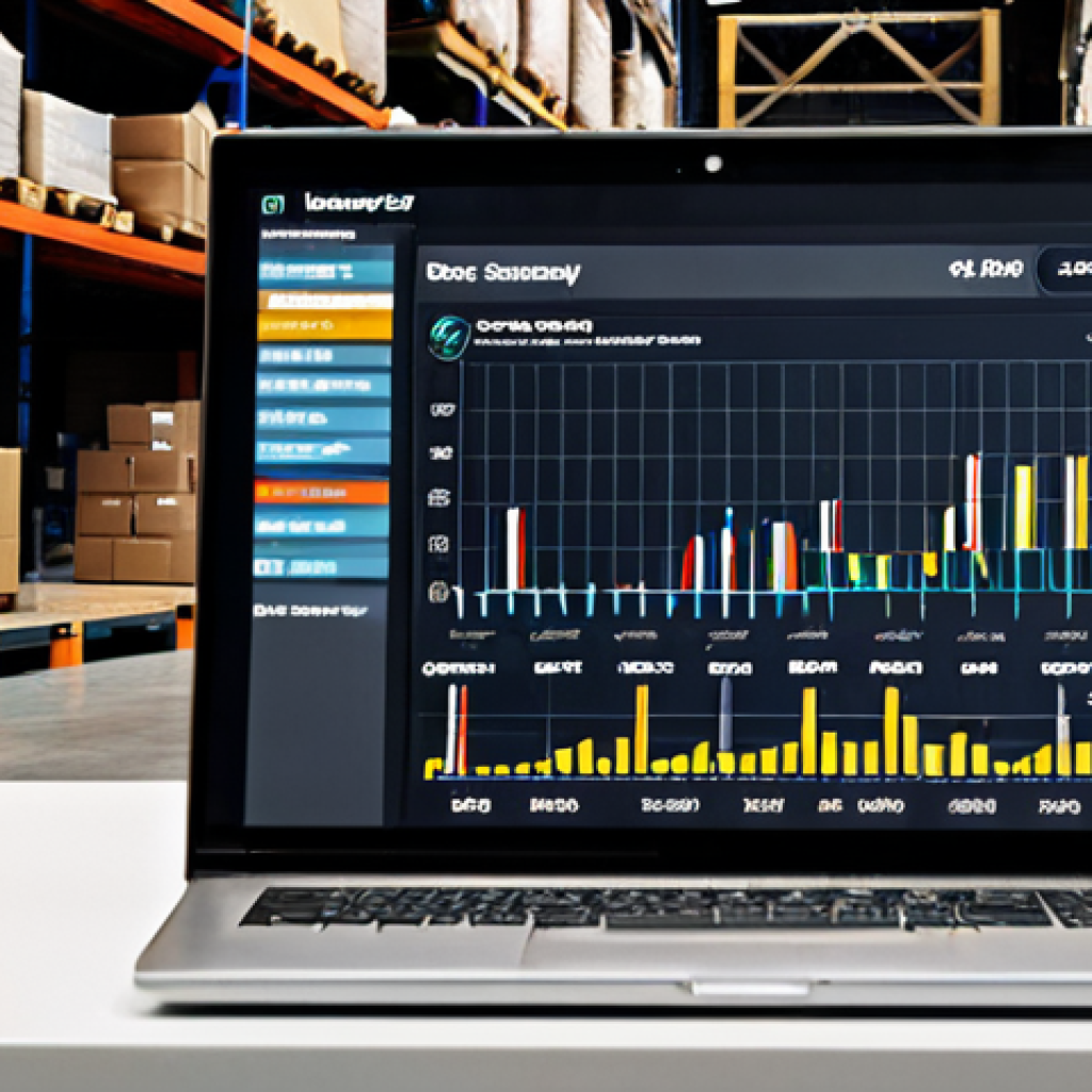 **Data-Driven Supply Chain:** A close-up of a digital dashboard overlayed onto a bustling warehouse scene. The dashboard features charts and graphs analyzing inventory levels, delivery times, and supplier performance, highlighting data analysis in supply chain management.