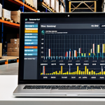 **Data-Driven Supply Chain:** A close-up of a digital dashboard overlayed onto a bustling warehouse scene. The dashboard features charts and graphs analyzing inventory levels, delivery times, and supplier performance, highlighting data analysis in supply chain management.