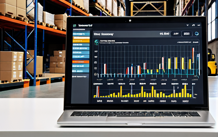 **Data-Driven Supply Chain:** A close-up of a digital dashboard overlayed onto a bustling warehouse scene. The dashboard features charts and graphs analyzing inventory levels, delivery times, and supplier performance, highlighting data analysis in supply chain management.