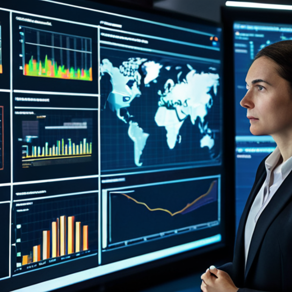 A highly competent supply chain manager, a woman in her 30s, wearing a modest, dark business suit. She stands in a professional, contemporary control room, calmly interacting with multiple holographic displays showing intricate data visualizations of supply chain analytics, predictive models, and real-time logistics flow. Her expression is focused and intelligent. The background features glowing data streams, abstract global maps, and sleek, futuristic equipment, all conveying advanced technology and strategic oversight. The lighting is bright and professional. Perfect anatomy, correct proportions, natural pose, well-formed hands, proper finger count, natural body proportions, high-resolution, professional photography, cinematic lighting, fully clothed, appropriate attire, safe for work, professional, appropriate content.