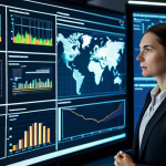 A highly competent supply chain manager, a woman in her 30s, wearing a modest, dark business suit. She stands in a professional, contemporary control room, calmly interacting with multiple holographic displays showing intricate data visualizations of supply chain analytics, predictive models, and real-time logistics flow. Her expression is focused and intelligent. The background features glowing data streams, abstract global maps, and sleek, futuristic equipment, all conveying advanced technology and strategic oversight. The lighting is bright and professional. Perfect anatomy, correct proportions, natural pose, well-formed hands, proper finger count, natural body proportions, high-resolution, professional photography, cinematic lighting, fully clothed, appropriate attire, safe for work, professional, appropriate content.