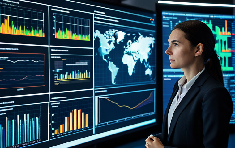 A highly competent supply chain manager, a woman in her 30s, wearing a modest, dark business suit. She stands in a professional, contemporary control room, calmly interacting with multiple holographic displays showing intricate data visualizations of supply chain analytics, predictive models, and real-time logistics flow. Her expression is focused and intelligent. The background features glowing data streams, abstract global maps, and sleek, futuristic equipment, all conveying advanced technology and strategic oversight. The lighting is bright and professional. Perfect anatomy, correct proportions, natural pose, well-formed hands, proper finger count, natural body proportions, high-resolution, professional photography, cinematic lighting, fully clothed, appropriate attire, safe for work, professional, appropriate content.