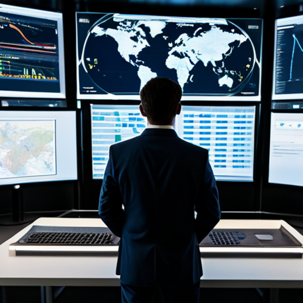 A professional data scientist, fully clothed in a modest business suit, standing in a high-tech command center. Multiple large holographic screens display intricate global supply chain data visualizations, including real-time inventory levels, logistics maps, and AI-driven predictive analytics graphs. The setting is bright and modern, with subtle futuristic lighting. The image should be professional photography, cinematic lighting, ultra-detailed, high resolution, with perfect anatomy, correct proportions, natural pose, well-formed hands, and proper finger count. safe for work, appropriate content, family-friendly, fully clothed.