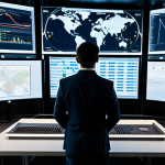 A professional data scientist, fully clothed in a modest business suit, standing in a high-tech command center. Multiple large holographic screens display intricate global supply chain data visualizations, including real-time inventory levels, logistics maps, and AI-driven predictive analytics graphs. The setting is bright and modern, with subtle futuristic lighting. The image should be professional photography, cinematic lighting, ultra-detailed, high resolution, with perfect anatomy, correct proportions, natural pose, well-formed hands, and proper finger count. safe for work, appropriate content, family-friendly, fully clothed.
