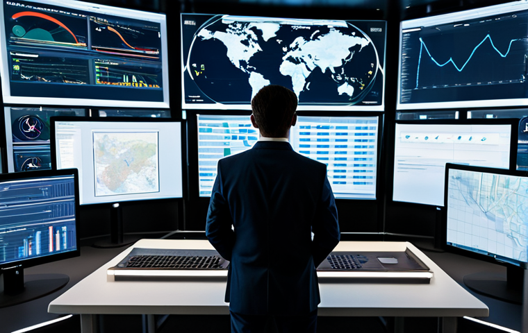 A professional data scientist, fully clothed in a modest business suit, standing in a high-tech command center. Multiple large holographic screens display intricate global supply chain data visualizations, including real-time inventory levels, logistics maps, and AI-driven predictive analytics graphs. The setting is bright and modern, with subtle futuristic lighting. The image should be professional photography, cinematic lighting, ultra-detailed, high resolution, with perfect anatomy, correct proportions, natural pose, well-formed hands, and proper finger count. safe for work, appropriate content, family-friendly, fully clothed.