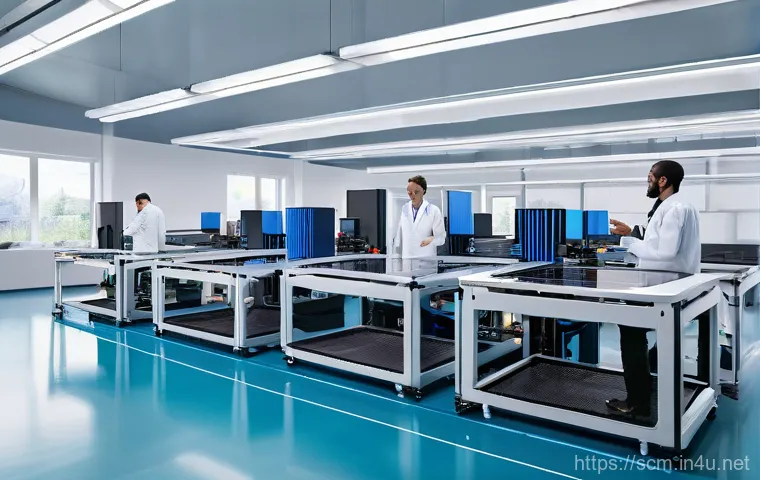 공급망관리와 재고 최적화 사례 - **Prompt 2: AI-Powered Smart Warehouse Logistics**
    An interior view of a highly automated, organ...