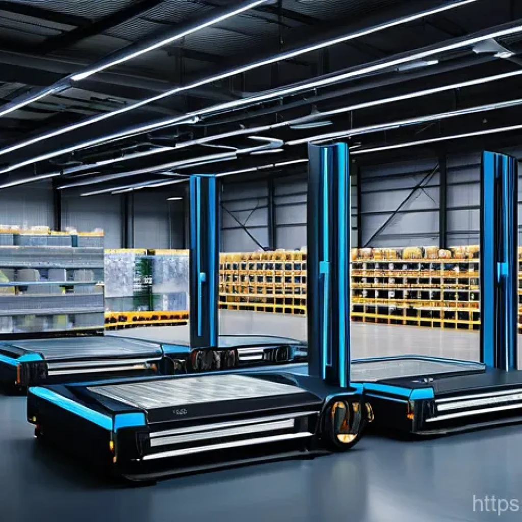 SCM와 로봇 기술의 접목 사례 - **Prompt:** "A futuristic, brightly lit automated warehouse interior. Autonomous Mobile Robots (AMRs...