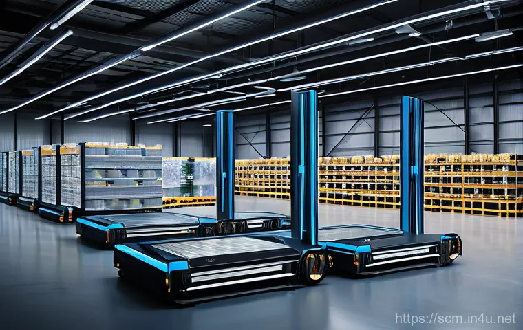 SCM와 로봇 기술의 접목 사례 - **Prompt:** "A futuristic, brightly lit automated warehouse interior. Autonomous Mobile Robots (AMRs...