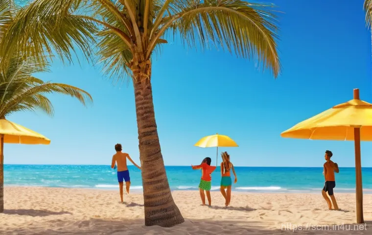 SCM 실무에서의 협업 기술 - **Prompt 1:** A vibrant, sun-drenched beach scene with a group of friends, aged late teens to early ...