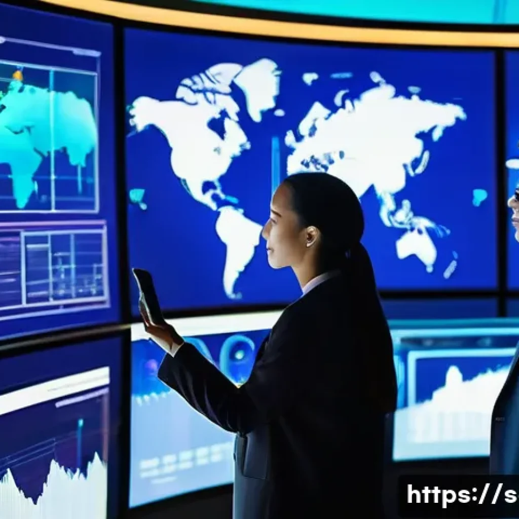 공급망관리와 AI 기술의 활용 사례 - **Prompt:** A futuristic, brightly lit control center. Large, curved transparent screens display dyn...