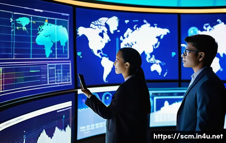 공급망관리와 AI 기술의 활용 사례 - **Prompt:** A futuristic, brightly lit control center. Large, curved transparent screens display dyn...
