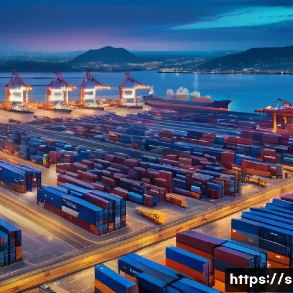 공급망관리에서의 IoT 기술 활용 - A dynamic, high-angle shot of a vast global logistics hub at twilight. Large cargo ships are docked,...