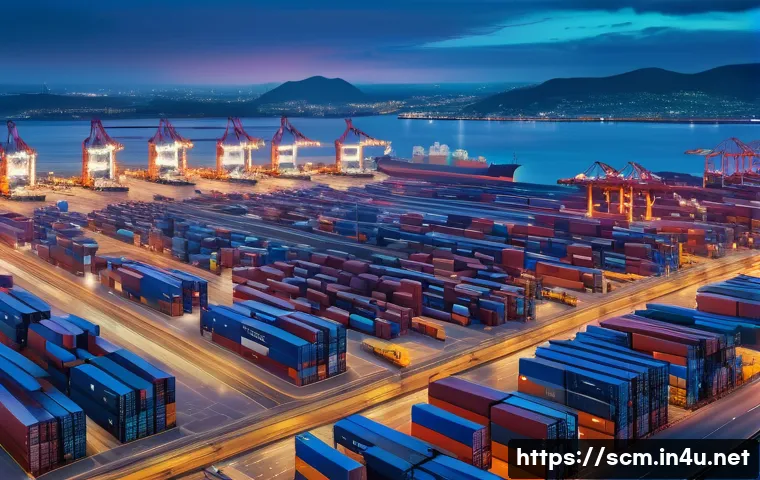 공급망관리에서의 IoT 기술 활용 - A dynamic, high-angle shot of a vast global logistics hub at twilight. Large cargo ships are docked,...