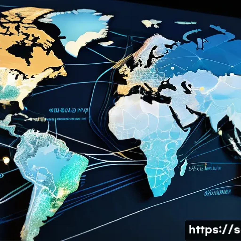 공급망관리에서의 규정 준수와 관리 - A vibrant, intricate global supply chain depicted as a network of glowing lines connecting various f...