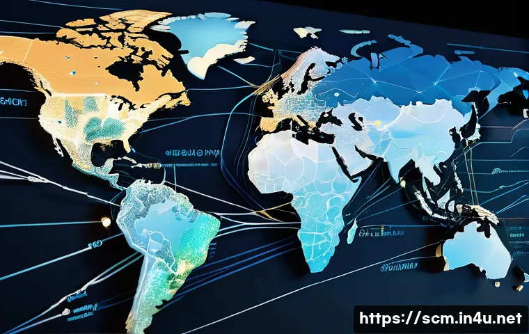 공급망관리에서의 규정 준수와 관리 - A vibrant, intricate global supply chain depicted as a network of glowing lines connecting various f...