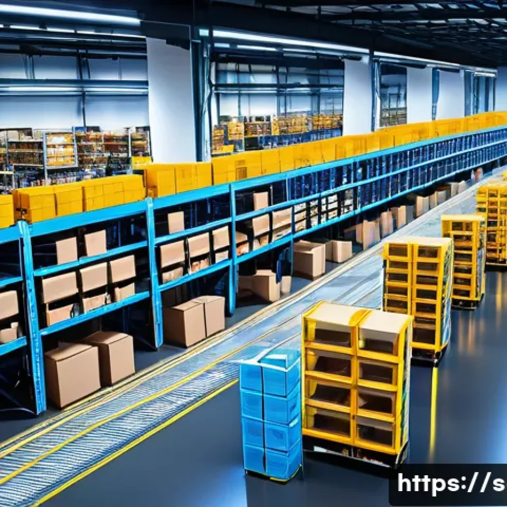 공급망관리와 물류 스타트업 사례 - A high-tech futuristic warehouse interior bustling with activity, featuring autonomous robots and dr...