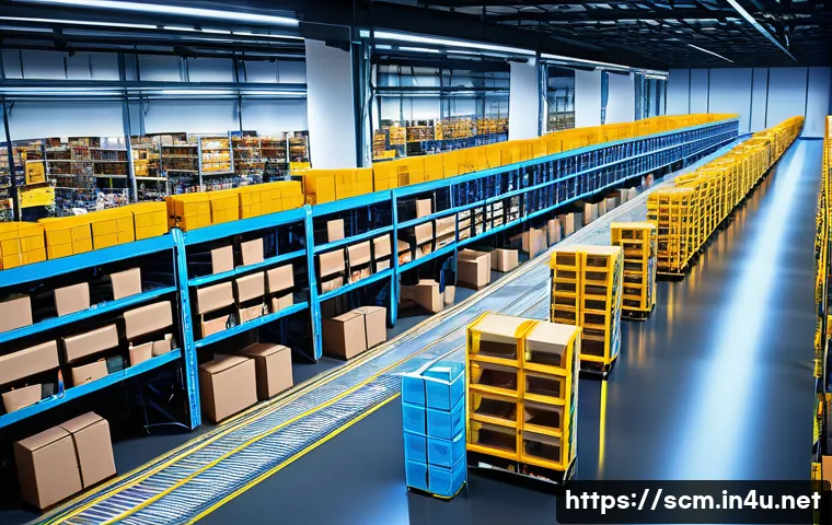 공급망관리와 물류 스타트업 사례 - A high-tech futuristic warehouse interior bustling with activity, featuring autonomous robots and dr...