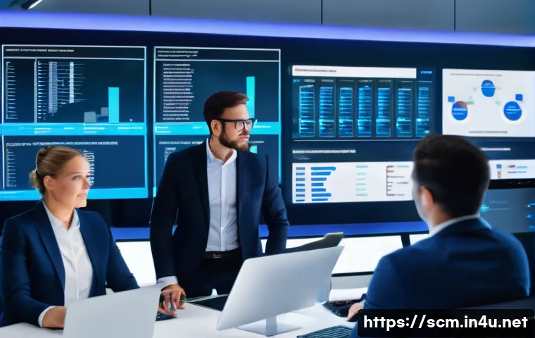 SCM 실무에서의 창의적 문제 해결 - A modern supply chain management (SCM) control room filled with diverse professionals collaborating ...