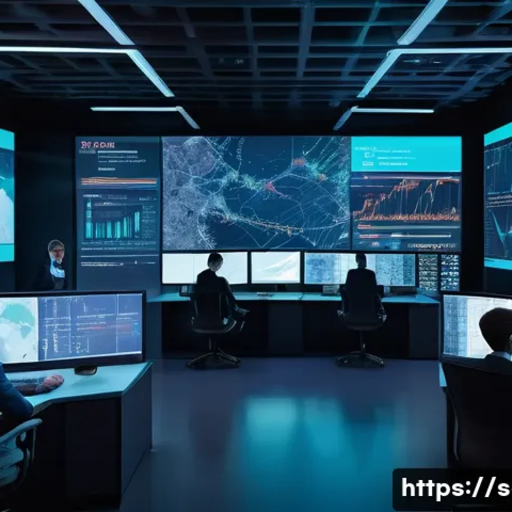 공급망관리의 중요성과 미래 전망 - A futuristic global supply chain control room bustling with activity, featuring large transparent di...