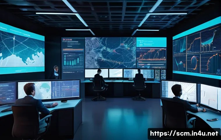 공급망관리의 중요성과 미래 전망 - A futuristic global supply chain control room bustling with activity, featuring large transparent di...