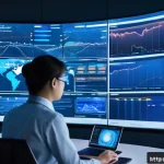SCM와 신기술의 효과적인 활용 - A futuristic supply chain control room filled with large digital screens displaying real-time AI-dri...