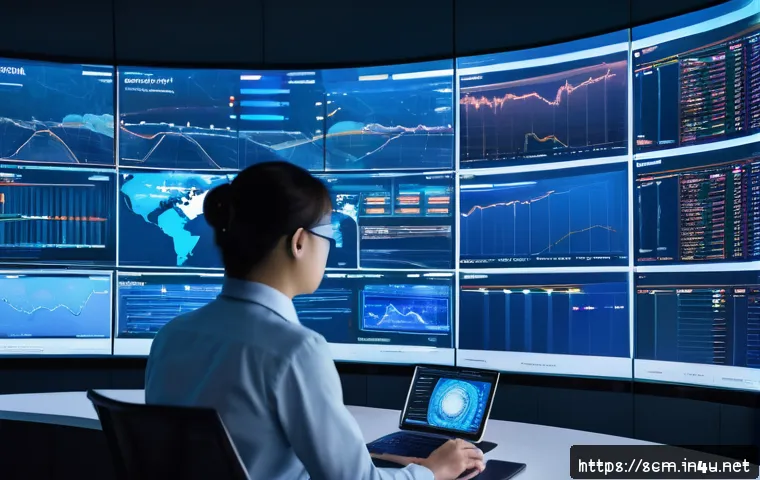 SCM와 신기술의 효과적인 활용 - A futuristic supply chain control room filled with large digital screens displaying real-time AI-dri...