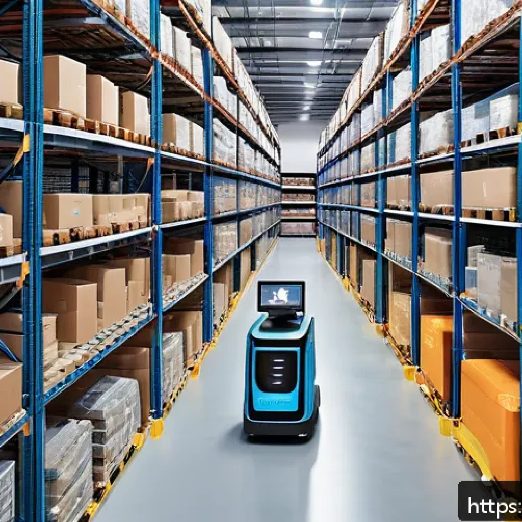 SCM와 물류 기술의 융합 사례 - A high-tech smart warehouse interior with numerous IoT sensors attached to shelves and packages, aut...