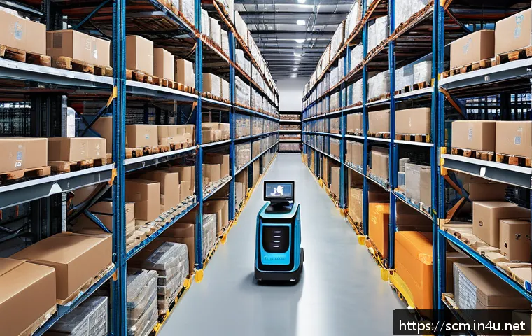 SCM와 물류 기술의 융합 사례 - A high-tech smart warehouse interior with numerous IoT sensors attached to shelves and packages, aut...