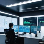 공급망관리와 AI 기반 솔루션 활용 - A futuristic AI-powered supply chain control room featuring large transparent digital dashboards dis...