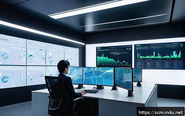 공급망관리와 AI 기반 솔루션 활용 - A futuristic AI-powered supply chain control room featuring large transparent digital dashboards dis...
