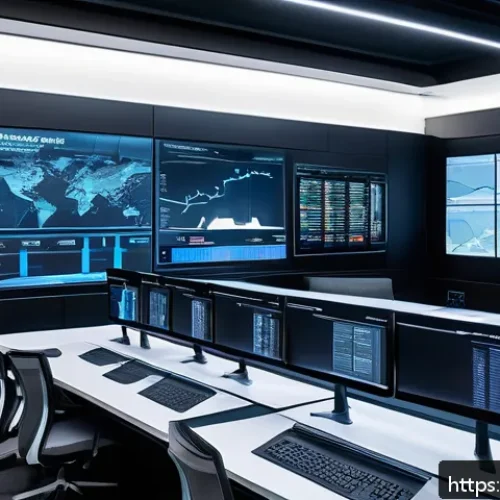 SCM 전문가들의 성공적인 업무 비결 - A futuristic supply chain control room with large digital screens displaying real-time data analytic...
