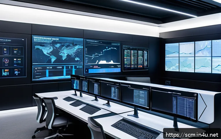SCM 전문가들의 성공적인 업무 비결 - A futuristic supply chain control room with large digital screens displaying real-time data analytic...