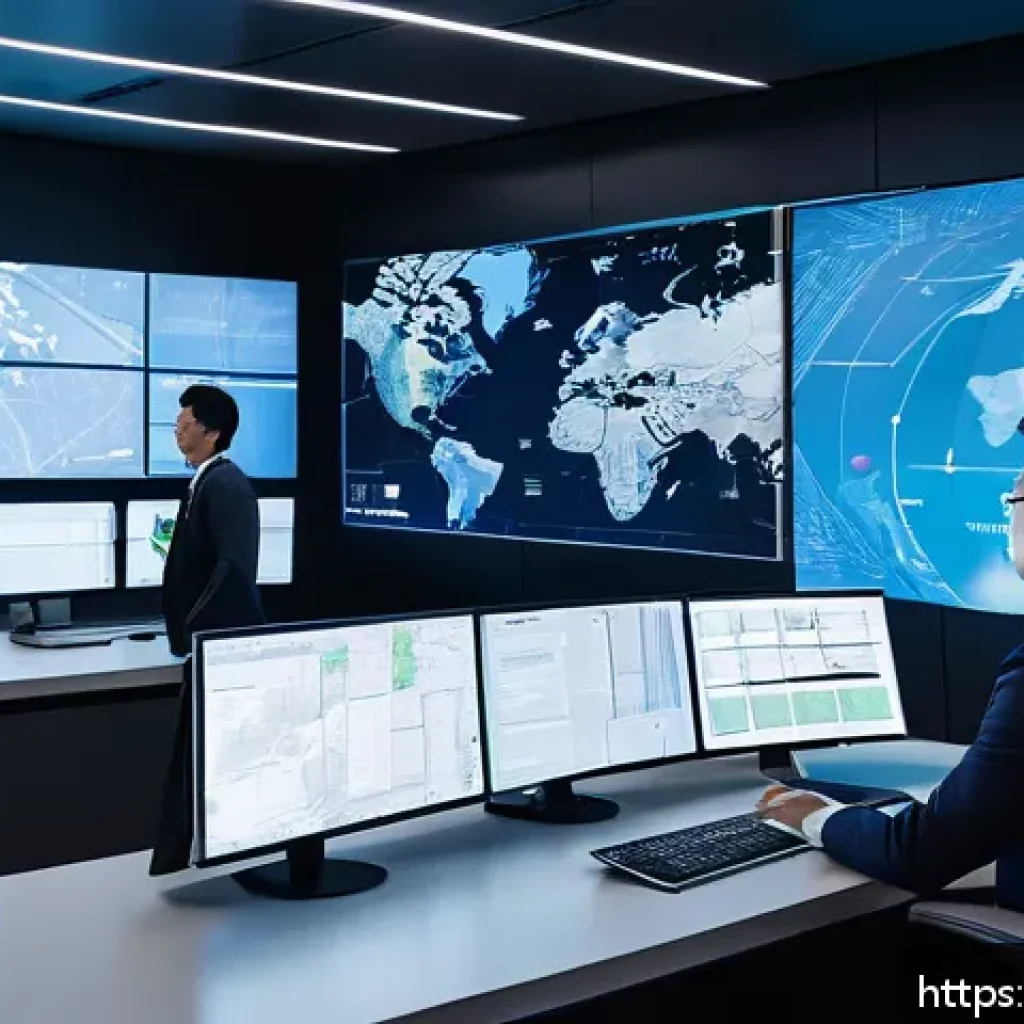 공급망관리와 고객 서비스 향상 - A futuristic global supply chain control room featuring large transparent digital screens displaying...
