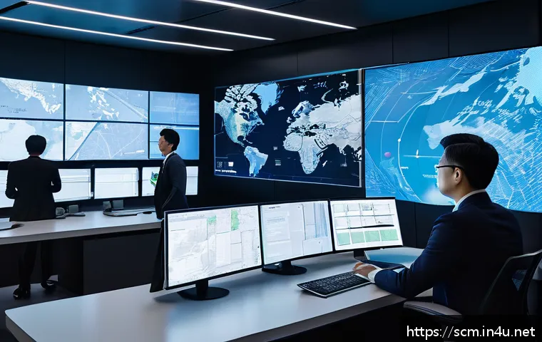 공급망관리와 고객 서비스 향상 - A futuristic global supply chain control room featuring large transparent digital screens displaying...
