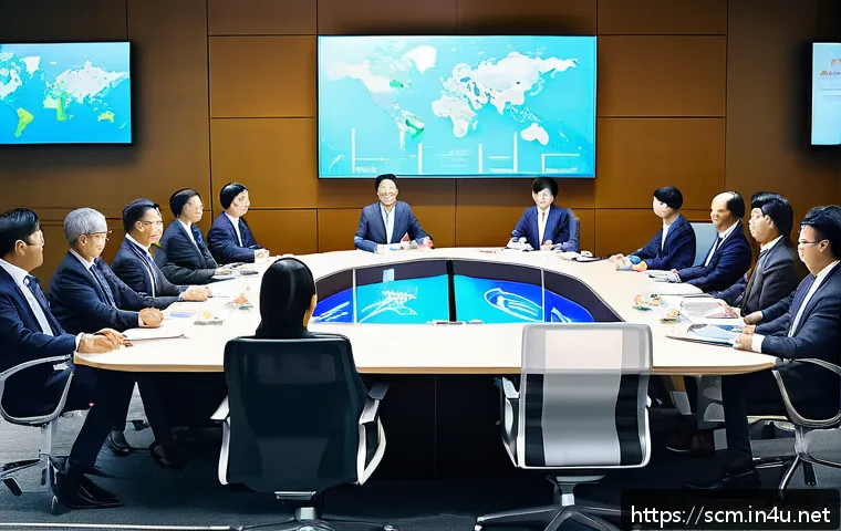 SCM 자격증의 국제적 인정 범위 - A professional business setting featuring a diverse group of supply chain management experts gathere...