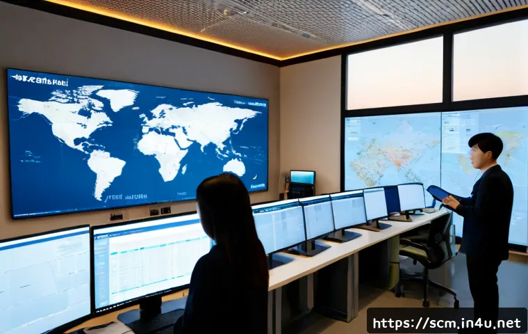 Home 17 SCM와 신기술의 융합 사례 - Photorealistic modern supply chain control room, diverse logistics professionals reviewing a large t...