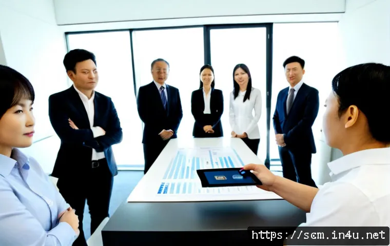 SCM와 신기술 도입을 위한 전략 - Photorealistic modern supply chain strategy meeting, diverse business team gathered around a clean c...